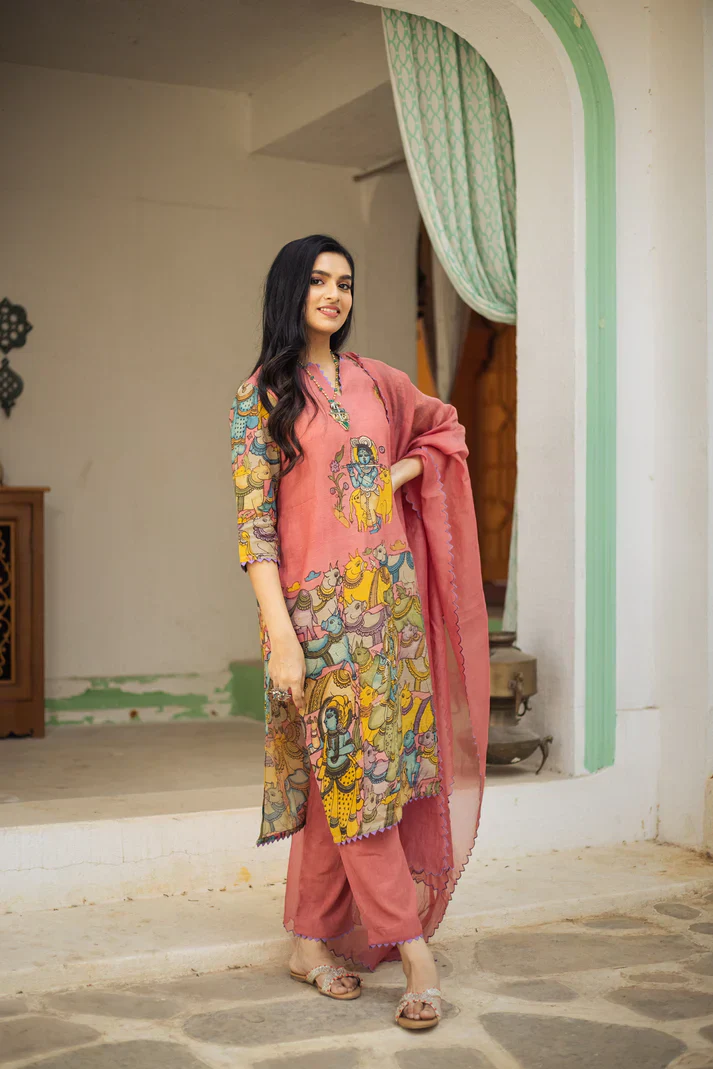 Cotton Kurta Set Pink with Floral Design with Coordinated Dupatta - Image 3